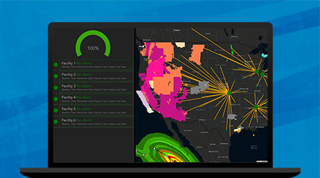 A graphic of a laptop monitor displaying a map showing radiating lines connecting a central point to other points around the area, alongside a graph