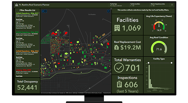 A graphic of a computer monitor displaying a map dashboard with a city map, charts and graphs, and various other data points