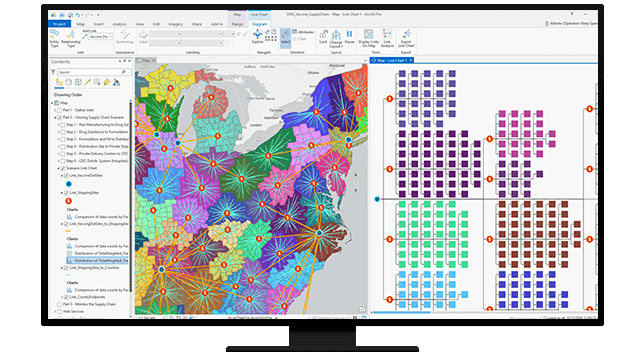 A graphic of a computer monitor displaying a map with areas shaded different colors, with a legend on the side and a bar at the top with analysis options