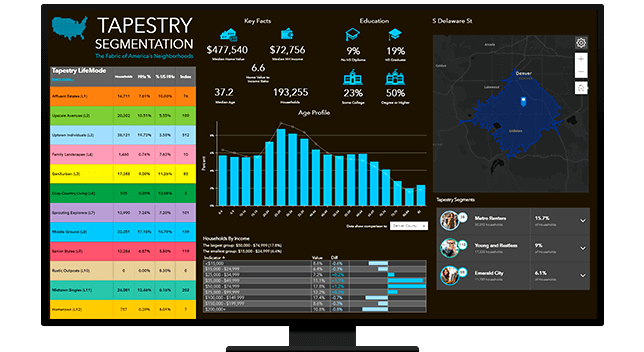 A map dashboard describing the tapestry segmentation of an area, with a map, graphs, and various data points