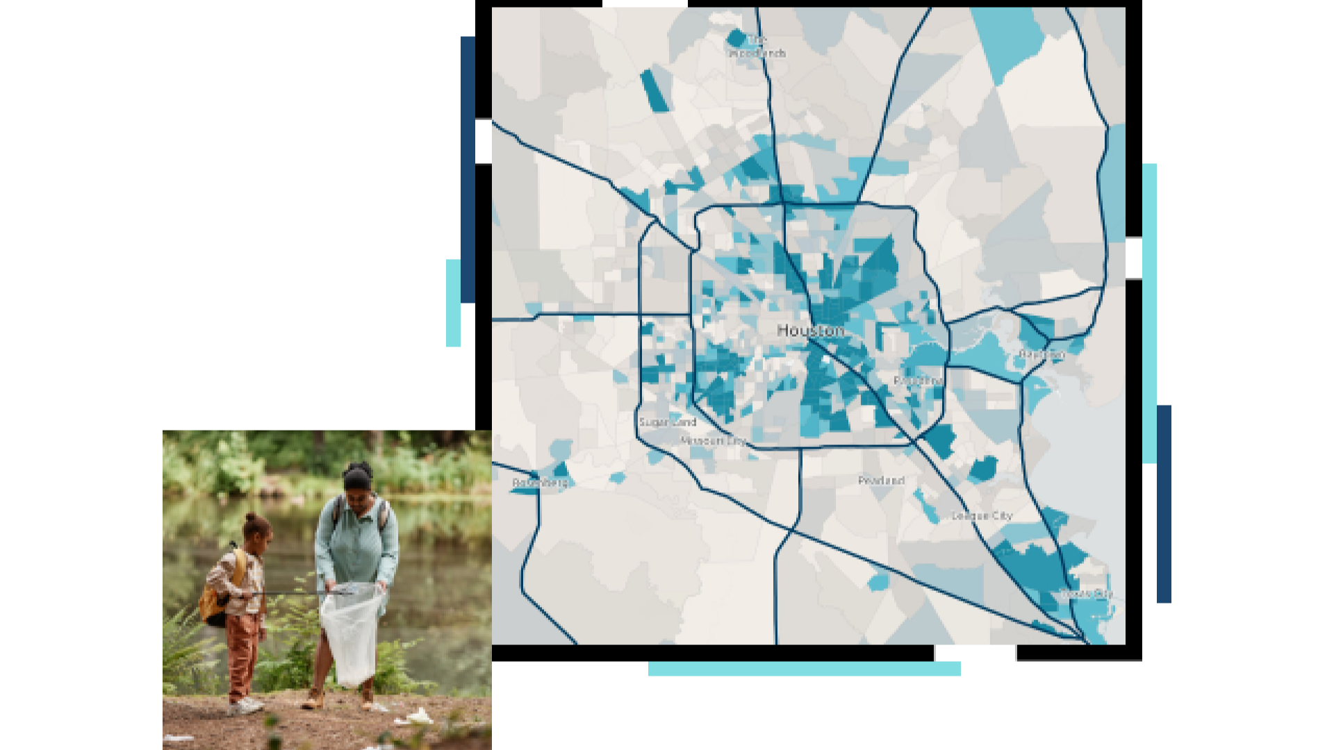 Activists cleaning up trash by a river and a map of nonprofit activities