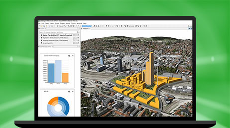 A laptop computer showing bar graphs and circle graphs measuring information about a large, 3D yellow building in a city 