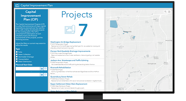 A desktop computer with a Capital improvement plan web page open showing seven projects happening and a map of where they are located