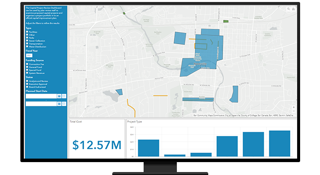 A desktop computer map highlighting an area in blue and a bar graph underneath it with a total cost of $12.57M displaying