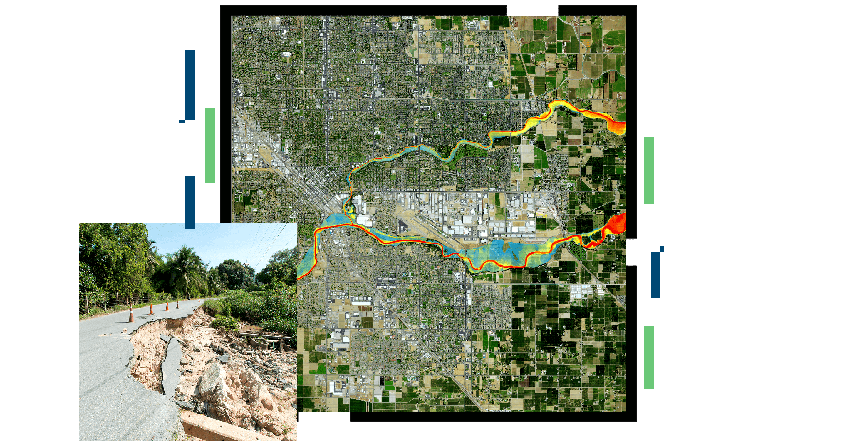 Safety cones lining a sinkhole that broke off a two-lane highway, and an aerial map showing the red routes caused by the obstruction