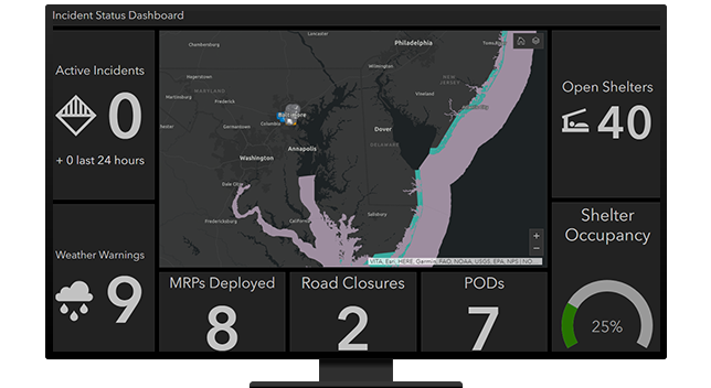 A desktop computer showing an incident status dashboard that shows the area affected in purple, the number of open shelters, weather warnings, active incidents, road closures, and more 