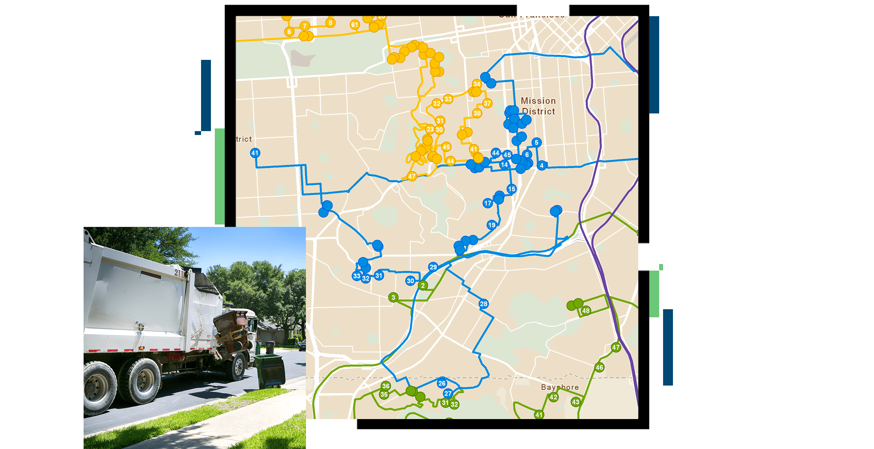 A trash truck picking up a trash bin to dump the contents into the back of the truck and a map showing all the pick-up locations in yellow, blue green and purple routes 