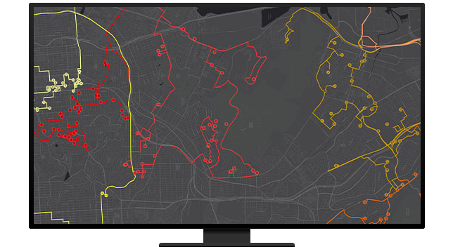 A desktop screen showing map with red, yellow, and orange route and navigation lines