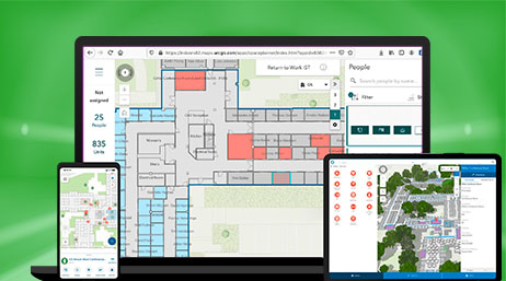 A laptop computer, tablet, and mobile smart phone showing indoor mapping on each interface