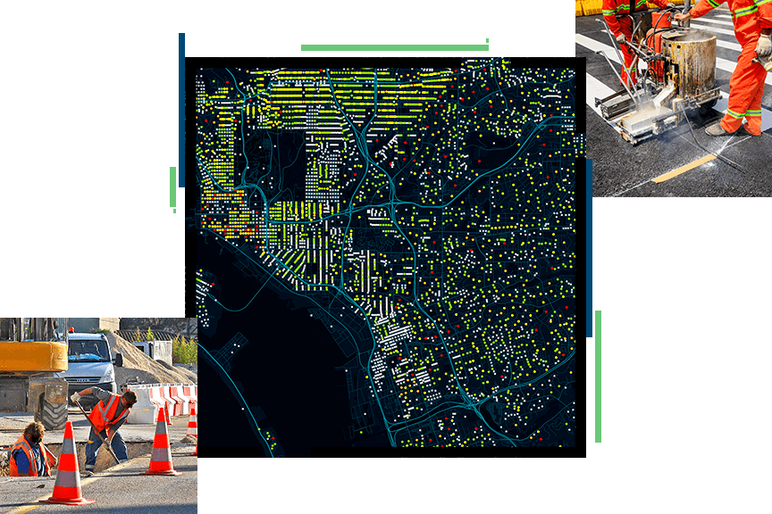 Two construction workers fixing a road with an excavator behind them, A black background overlayed with a map of blue lines and yellow, green, and red dots, two construction workers painting white lines on a road