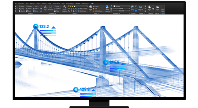 A computer displaying a blue sketch of a road bridge