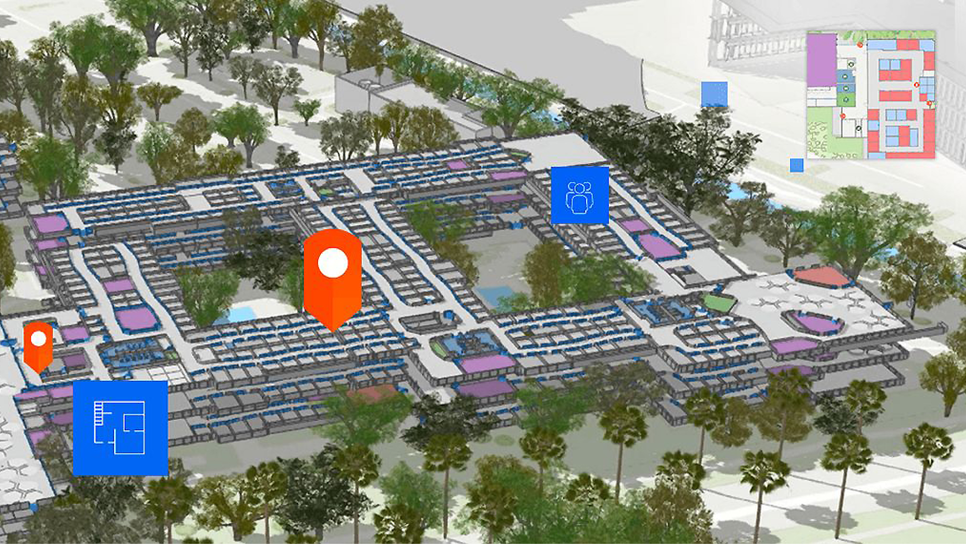 A blue and white 3D model of a large office complex with orange and blue map points identifying key areas