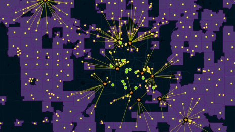 Map with purple areas and yellow dots and lines