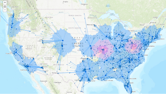 Map of the United States with blue dots and lines