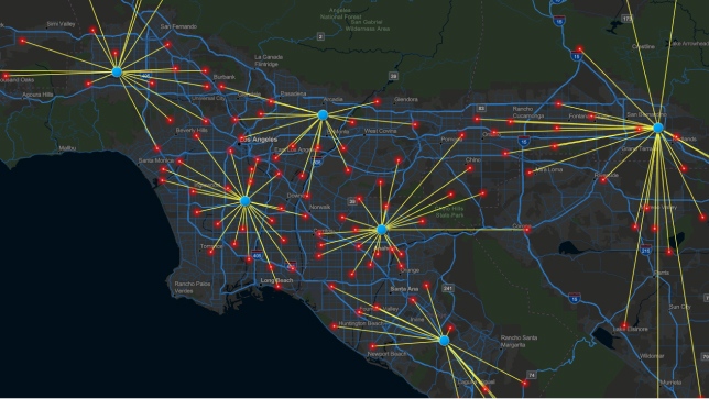 Dark gray map with red dots and yellow lines