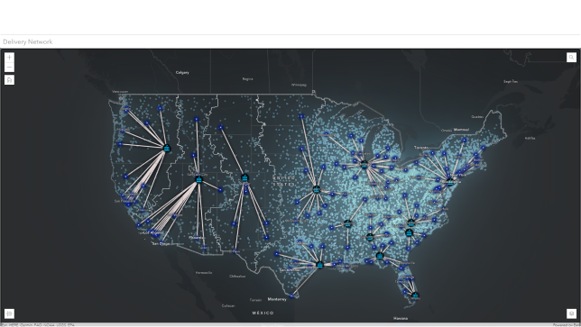 Map of the United States with dots and lines