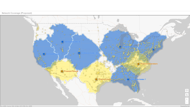 Map of the United States with blue and yellow shaded areas