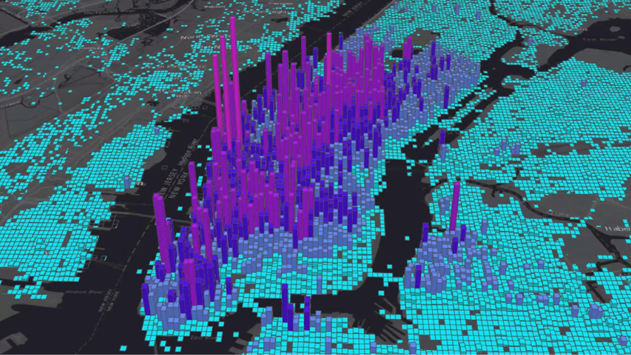 Map of New York City with data shown in 3D