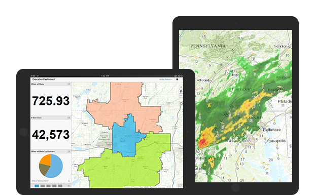 Two tablets showing electric and gas utilities mapping software