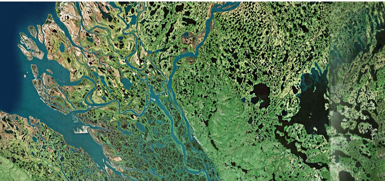 A Landsat satellite image looking at various rivers cutting through land.
