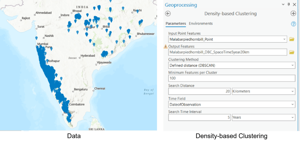 Figure 1 : Data and ArcGIS Pro’s Density-based Clustering Tool